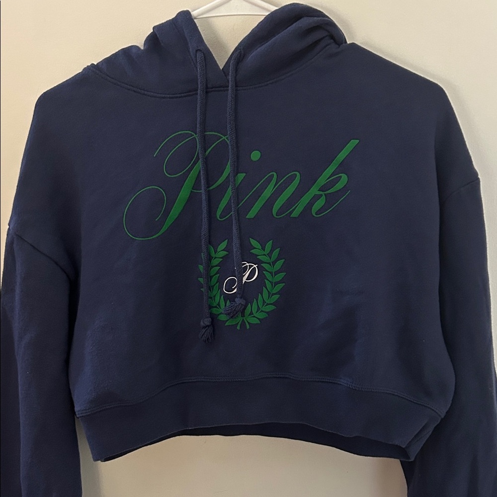 PINK Victoria's Secret Navy and Green Cropped Hoodie
